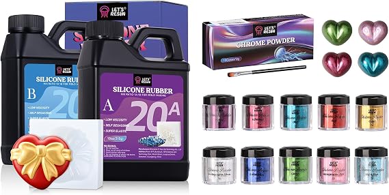 LET'S RESIN Silicone Rubber Mold Making Kit With 10 Colors Metallic Mirror Effect Chrome Powder for Nail, Holographic Pigment for Epoxy Resin, Slime, Crafting, Tumbler, Oil Painting