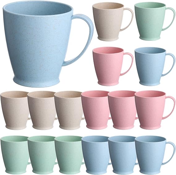 Zopeal Wheat Straw Plastic Coffee Mugs 10 oz, Multicolor, 16 Pack