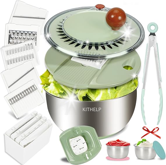 KITHELP Stainless Steel Salad Spinner Large 5.3Qt, Lettuce Spinner Dryer with 5 Blades Slicer, Vegetable Spinners, Lettuce Spinner, Fruit Washer Bowl with Strainer, Non-Slip Base, Dishwasher Safe