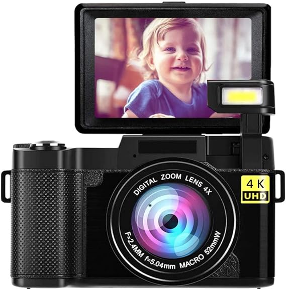 4K Digital Camera, 3inch 48MP 16X Zoom 180 Flip Screen, Anti Shake Vlogging Camera with Face Beautying Function, for Teens Adult Beginner Kids (Black)