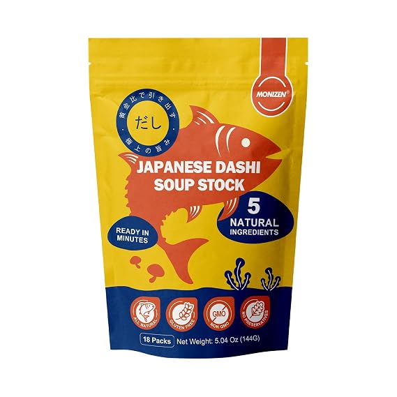 MONIZEN Premium Dashi Stock Authentic Japanese Dashi Powder 5.04 Oz, Natural Ingredients No MSG or Additives Dashi Packet for Miso Soup and Cooking 8g x18 Packets