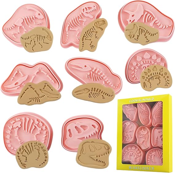 8Pcs Dinosaur Cookie Cutters Dinosaur Skeleton Fossil Cookie Cutters 3D Dinosaur Bone Embossing Cutters Fossil Mold for Stamp Baking