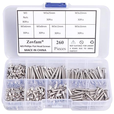 M3 Phillips Flat Head Screws Countersunk Bolts Nuts 304 Stainless Steel Nuts and Bolts Assortment Kit M3 x 6mm/ 8mm/ 12mm/ 16mm/ 20mm/ 25mm Metric Bolt Kit 260Pcs