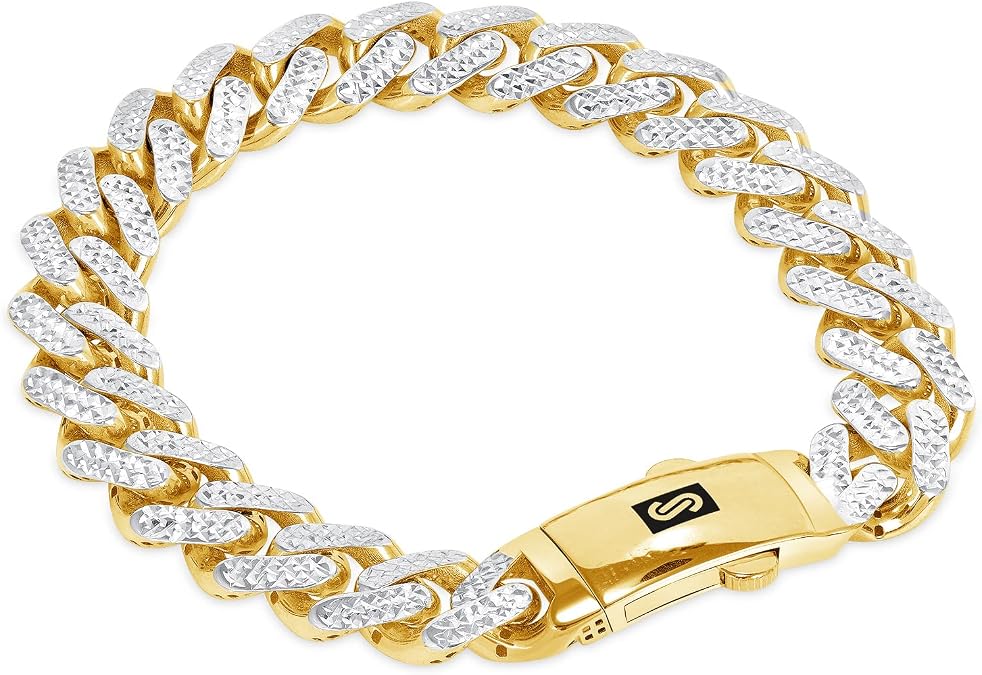 Nuragold 10k Real Yellow Gold Royal Monaco 11mm Miami Cuban Diamond Cut Pave Link Bracelet (8"-9") Two Tone Italian Jewelry for Men
