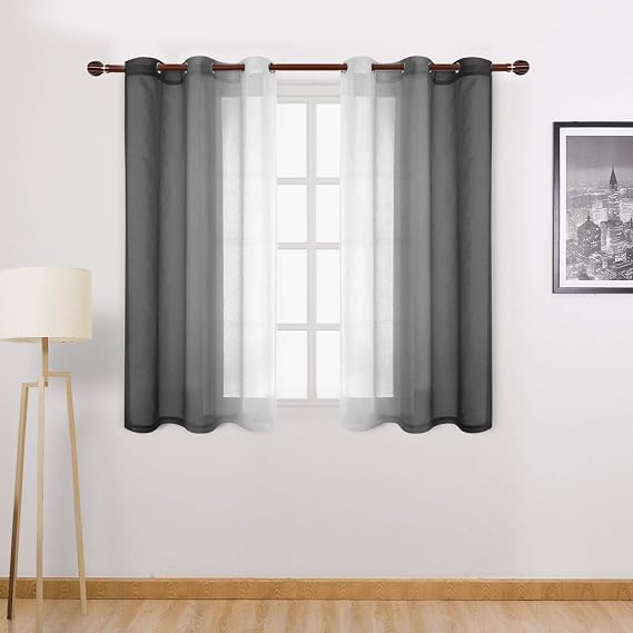 DWCN Black Ombre Short Sheer Curtains - Faux Linen Semi Voile Gradient Light-Filtering Bedroom and Living Room Curtains, Set of 2 Grommet Top Window Drape Panels, 42 x 45 Inch Length