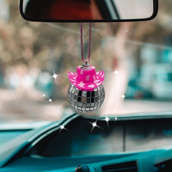 Pink White Cow Print Car Accessories - Mini Disco Ball, Car Mirror Hanging Ornament
