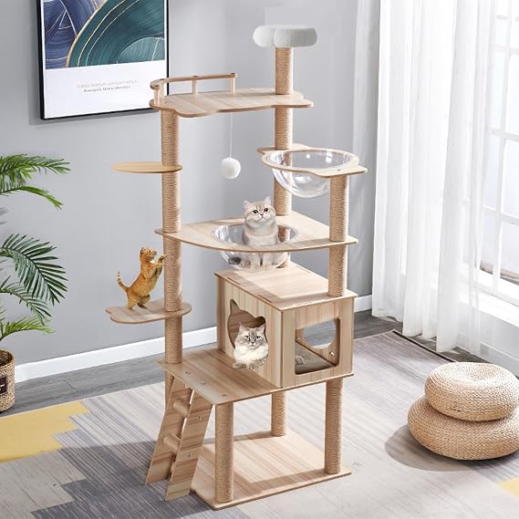170cm Cat Tree for Indoor Large Adult,Cat Tree Tower with Condo, Stairs, 2 Bowl,14 Sisal Scratching Posts, Top Perch, with Padded Platform Bed,Toy Balls,Large cat Tree.B12