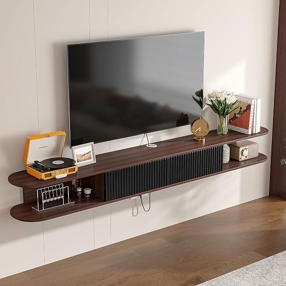 Floating TV Stand,78'' Wall Mounted TV Stand Floating TV Unit Media Console Shelf with 2 Flip-Down Cabinet Doors and 2 Open Shelves for Bedroom, Livingroom, Media Room Office, Walnut+Black