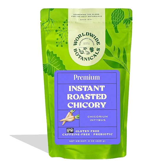 Worldwide Botanicals Instant Chicory Root, 114 servings Caffeine-free Coffee Alternative - Blend Instant Chicory with Coffee, Prebiotic, Acid-Free, Kosher, Gluten-Free 8 ounces