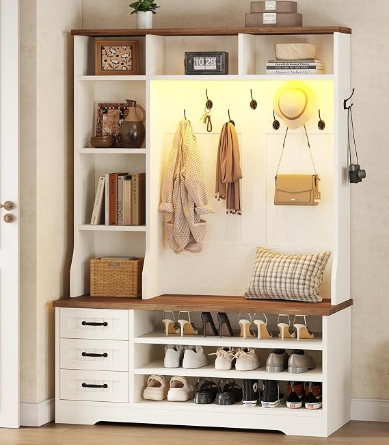 TVU Storage Hall Tree with Bench & 3 Drawers, 22-in-1 Coat Rack With 9 Coat Hooks, Farmhouse Entryway Bench With 9 Open Shelves for Hallway, Entryway (Hall Tree)