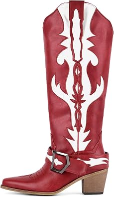 Only maker Womens Western Cowboy Boots Red & White Knee High Cowgirl Boot with Buckle Strap and Embroidered Details
