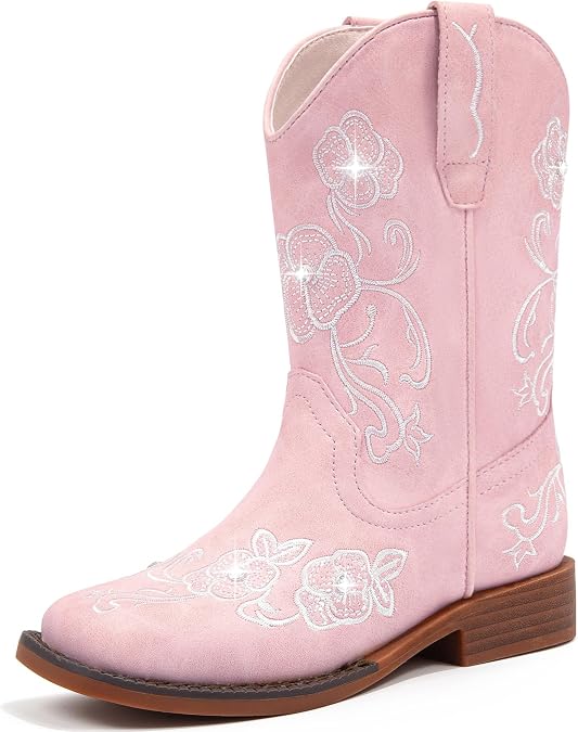 Motasha Girls Cowboy Boots Classic Western Floral Embroidery Sparkly Rhinestone Little Big Kids Cowgirl Boots Side Zipper Mid Calf Square Toe Toddler Girls Boot Riding Concert Party Wedding Halloween