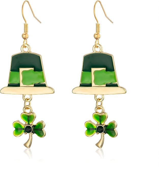 ST Patricks Day Lucky Charm Blessed Hat Clover earrings Saint Patrick's gift