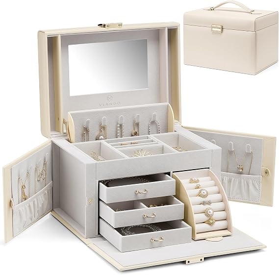 Vlando Jewellery Box Organiser for Girls Women, Large Baroque Jewellery Storage Box with Mirror, Drawers for Bracelets, Earrings, Rings, Necklaces, Mothers Day Gifts for Loved One, Apricot White