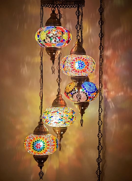 DEMMEX - 5-Large 7'' Globes Turkish Moroccan Plug-in Chandelier - Tiffany Mosaic Glass Pendant Light, Swag Hanging Lamp with 15 ft Cord & Chain, 4 ft Drop, for Living Room, Bedroom & Dining Room