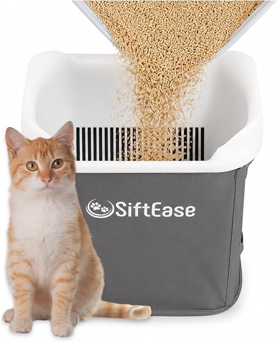 SiftEase Cat Litter Sifter with Bin, Fast Scoop-Free Litter Box Cleaning