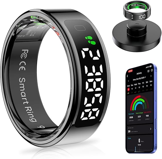 Smart Ring with Display Screen Health Tracker and Touch Button, Bluetooth Connection Health Ring Tracks/Sleep/Sports Activities, IP68 Waterproof (Black, 8#)