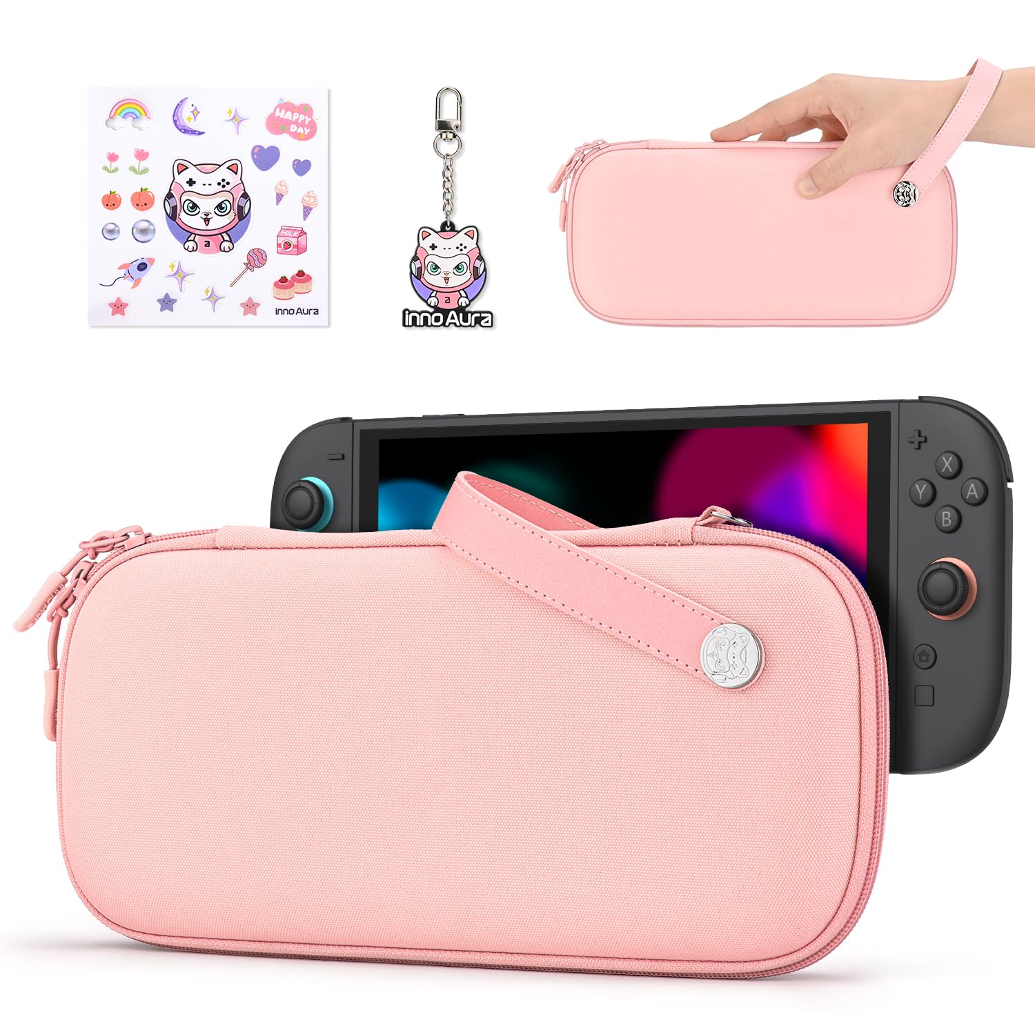 innoAura Switch 2 Case Ultra Thin Switch 2 Case for Switch 2 Console 900D Felt Structure 9 Playing Card Slots 2 SD Card Slots Tracker Compartment Double Zips Handle Pink