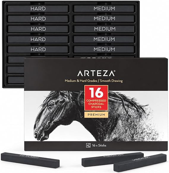 ARTEZA Compressed Charcoal Sticks Set of 16 Medium and Hard Drawing Crayons for Sketching, Shading, Line Work in Charcoal Art and Figure Drawing