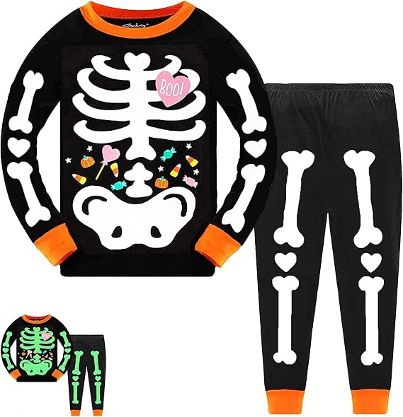 Tkria Kids Pajamas for Boys Skeleton Glow-in-The-Dark Cotton Sleepwear Toddler Clothes Halloween Outfit Size 1-7T...