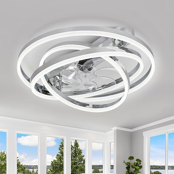 Dawn Whisper 24" Ceiling Fans with Lights Flush Mount for Bedroom Silver