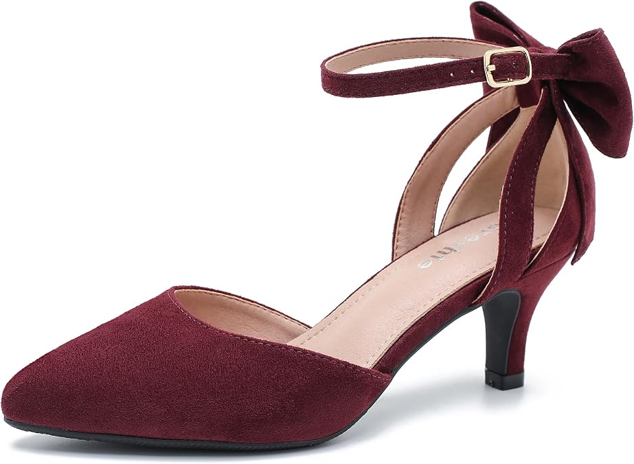 fereshte Women's Kitten Heel Pumps with Bow, Ankle Strap, Pointed Toe, Wedding Evening Dress Shoes