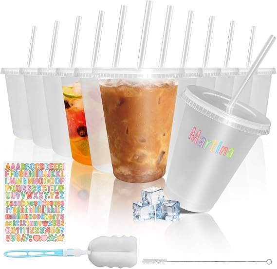 15 Pack 480ml Clear Plastic Cups With Lids and Straws ,16oz Reusable Cold Cup with Sticker and Brush , Kids Leakproof Water Cups for Children's Birthday Party or Boda Coffee Mactha Cocktail Takeaway