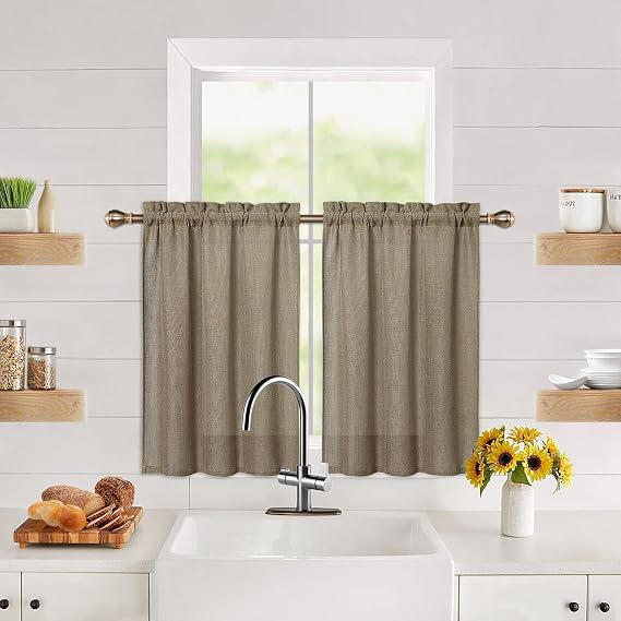 CAROMIO Linen Kitchen Curtains 30 Inch Length, Linen Blend Textured Farmhouse Tier Curtains for Kitchen Cafe Small Half Window Curtains for Bathroom, Brown