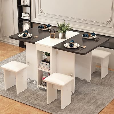 Folding Table Drop Leaf Table, Folding Dining Table, Rectangle Wood Expandable Kitchen Dinner Table with Wheels and 4 Stools, Small Space Dining Table for Kitchen, Living Room,120CM
