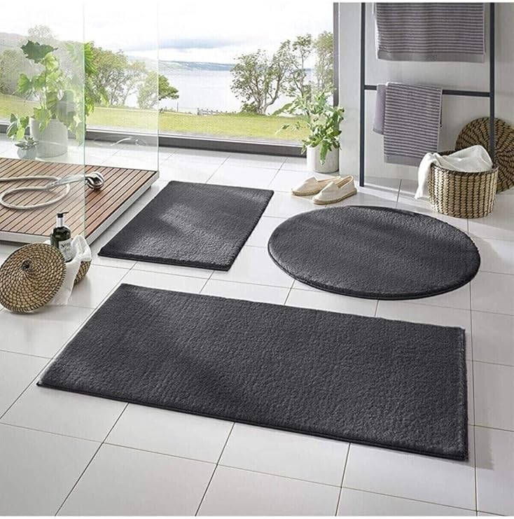 Rachel Carpet 3'lü Banyo Halısı Peluş Post Halı Klozet Takımı Koyu Gri 50x90/50x60/50x50 (Yuvarlak)