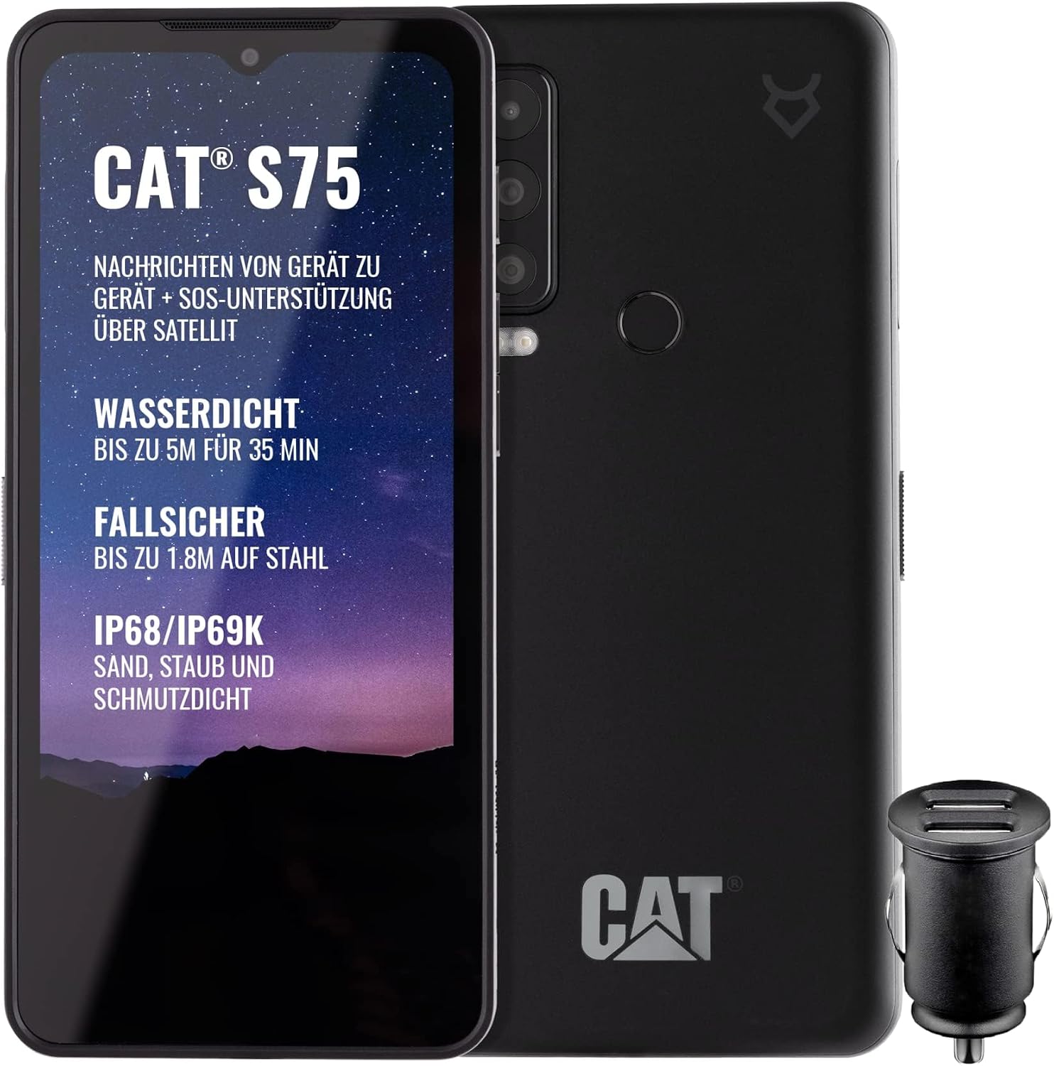 Cat S75 - Robustes 5G-Smartphone mit Satellitenverbindung (IP68 & IP69K MIL SPEC 810H superhelles 6.58” FHD+ 120Hz Display 2GHz Octa Core Processor 5000mAh Akku 6GB/128GB Android 12) - Schwarz
