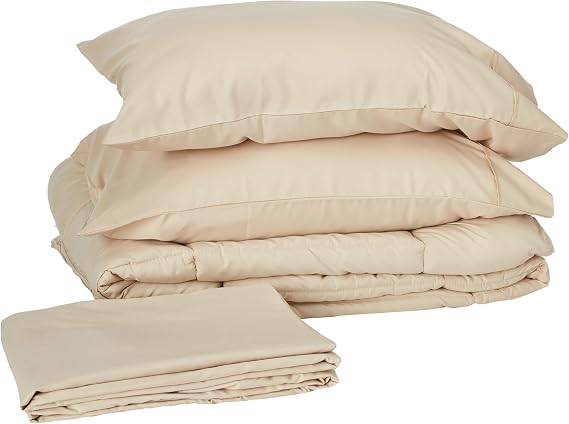 Sweet Home Collection 7 Parça Yorgan Seti Çanta Düz Renk Tüm Sezon Yumuşak Aşağı Alternatif Battaniye ve Lüks Mikrofiber Yatak Çarşafları, Bej, İkiz XL