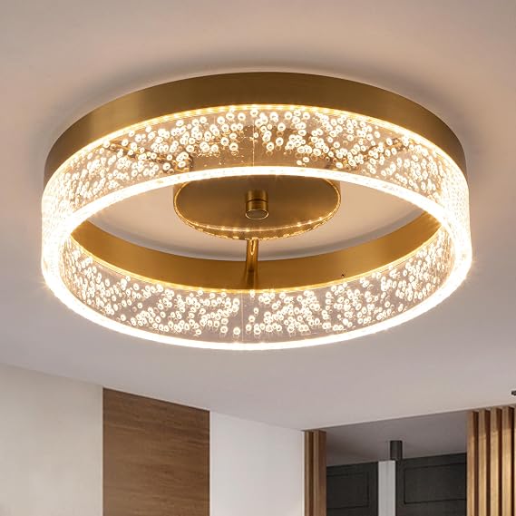 Qcyuui LED Ceiling Light, 20W Flush Mount Kitchen Lighting Gold with Clear Seeded Acrylic Lampshade,Round Ceiling Lamp Lights for Hallway Dining Room [Energy Class E]