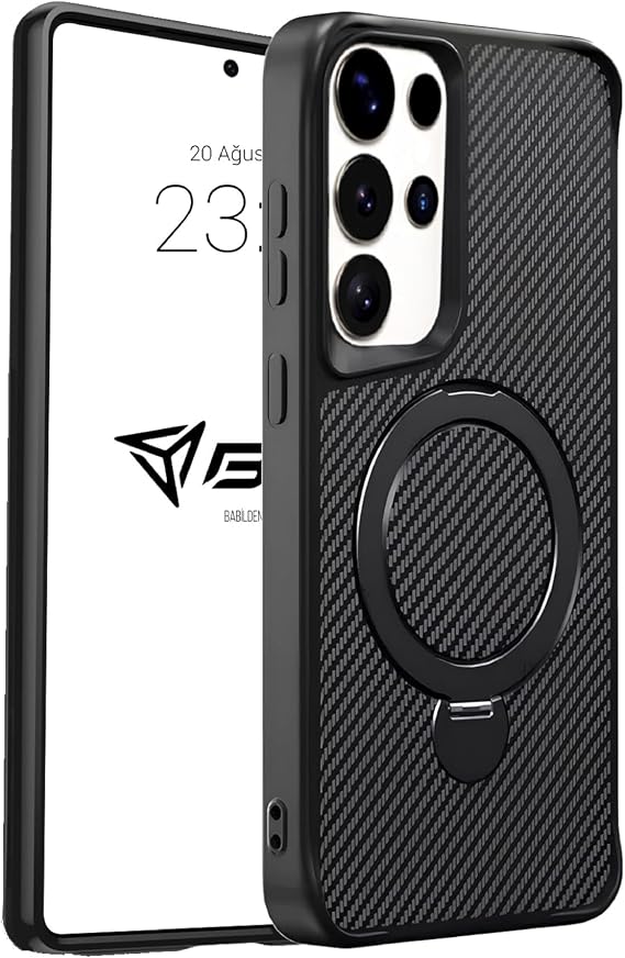 Samsung Carbon Fiber Material Stand from Babylon Strong Shock Absorbing Premium Case with Lens Frame and Non-Yellowing (Black, Galaxy S24 Ultra)