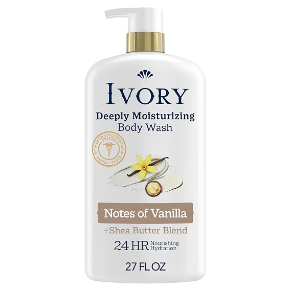 Ivory Body Wash, Deeply Moisturizing, 24hr Nourishing Hydration, Soothes Itchy Dry Skin, Made with Shea Butter Blend, Free of Dyes Heavy Perfumes Parabens & Phthalates, Vanilla Scent, 27 oz