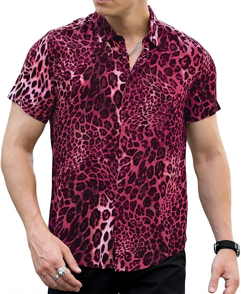 LOGEEYAR Mens Fashion Shirts Leopard Snakeskin Print Button Down Summer Short Sleeve Casual Shirt