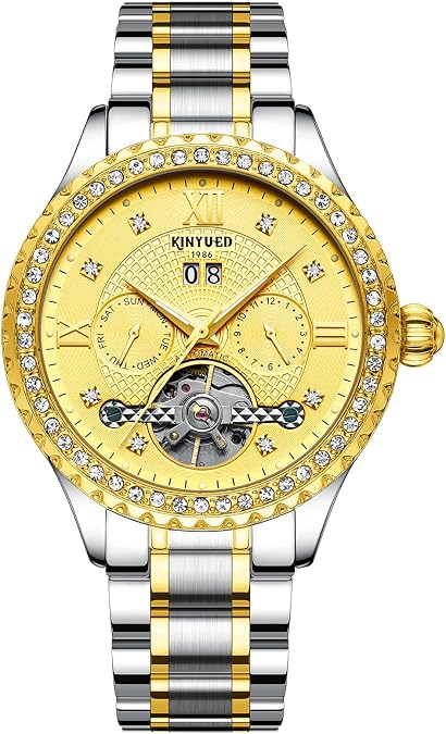 IK COLOURING Stainless Steel Mechanical Watch,Men's Multi-Function Automatic Mechanical Watch Mineral Hard Glass Men Luxury Classic Stainless Steel Calendar Luminous Waterproof Watches for Men