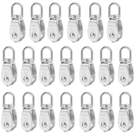 MUKCHAP 20 PCS M15 Single Pulley Block, Stainless Steel Lifting Crane Swivel Hook Single Wheel Wire Rope Crane Pulley Block for Towing Traction, 35 kg Load Capacity, Silver