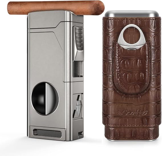 Scotte Leather Cigar Travel Case and Multifunction Cigar Torch Lighter