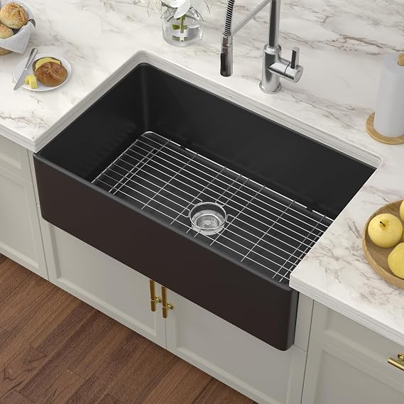 Black Fireclay Farmhouse Sink - Couoko 33 Inch Matte Black Apron Front Farm Sink Porcelain Farms House Style Single Bowl Farmhoues kitchen Sinks with Luxury Accessories
