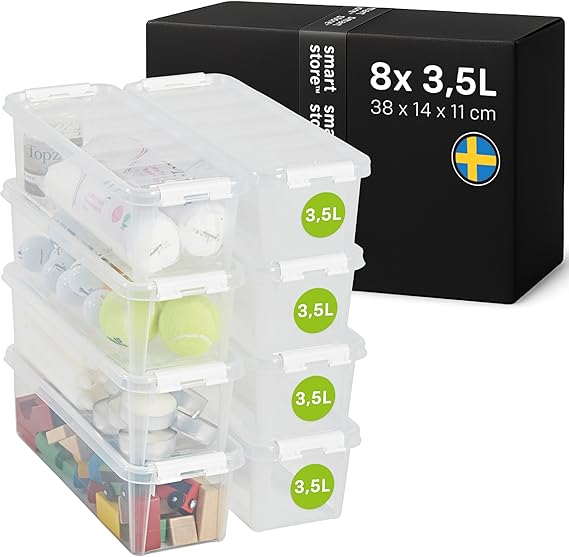SmartStore - 8x Plastic Storage Box with Lid Classic 3.5L (38x14x11cm) |Storage Drawers|Food-Safe Material|Kitchen & Organisation|BPA-Free|Durable Container for Home & Office|
