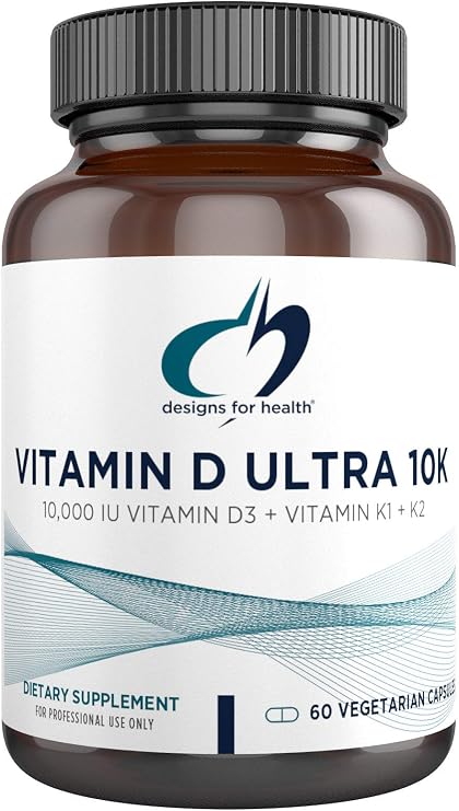 Designs for Health Vitamin D Ultra 10k - 10,000 IU D3 High Potency Vit D3 and Vitamins K1 + K2 (MK7) Immune Support Supplement for Adults - Non-GMO + No Soy (60 Capsules)