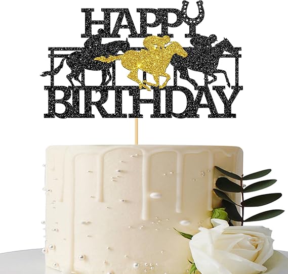 Maicaiffe Horse Racing Birthday Cake Topper - Horse Birthday Party Decorations for Kids or Adults - Western Horse Birthday Party Cake Decorations, Black Glitter