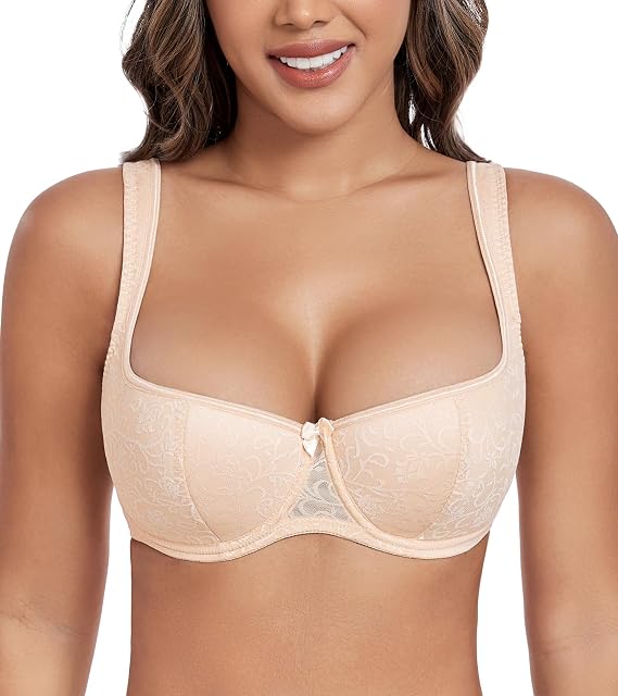 DotVol Women's Wide Straps Lace Demi Underwire Push Up Balconette Bra | Lightly Padded,Floral Lace,Half Cup