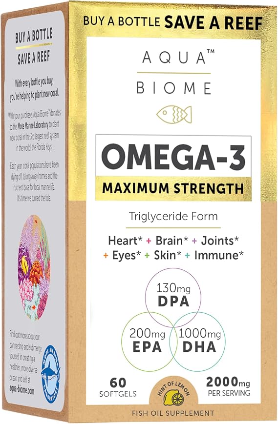 Aqua Biome by Enzymedica Omega 3 Fish Oil Maximum Strength - 60 Softgels | Fish Oil Omega 3 Fatty Acid Supplement for Women & Men, Source of DPA, EPA, DHA, Heart & Brain Health Support, Gluten Free