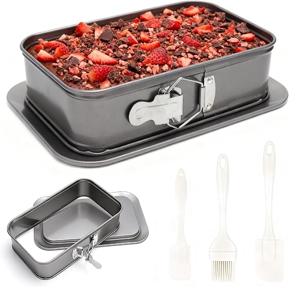 HENGBIRD Rectangle Cake Tin with Springform Lock Non-Stick Traybake Tin with 3 Silicone Spatulas Cheesecake Baking Pan for Brownie Tiramisu Oblong Cakes Gift Set for Home Use