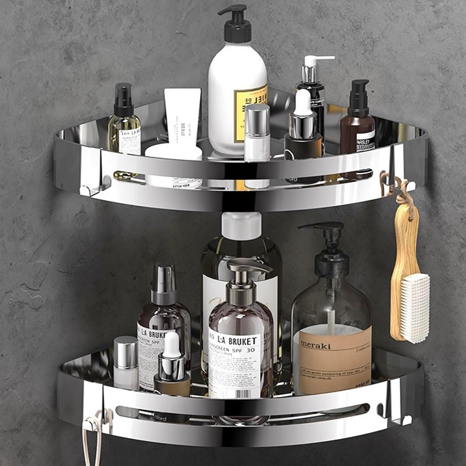 Shower Caddy Corner, shower shelf no drilling with Stickers Wall Mounted Adhesive Shower Caddy 4 Movable Hooks, SUS304 Stainless Steel bathroom shelf Shower Organizers 2 Pack