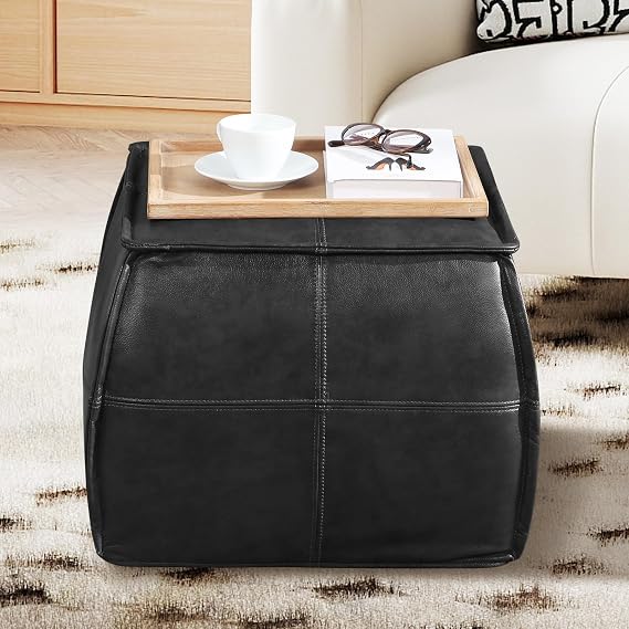 Genuine Leather Ottoman, Square Pouf Footstool (Square, Black) | Modern Upholstered Ottoman, Floor Pouf for Living Room, Bedroom