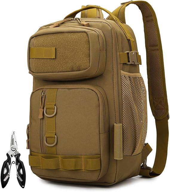 Fishing Backpack - Tackle Sling Bag- Fishing Gear Bags with Rod Holder and Fish Plier (Tan)
