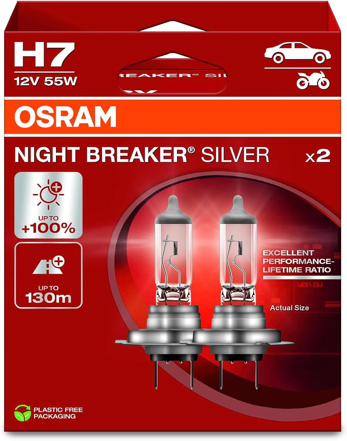 Osram H7 Night Breaker Silver Headlight Bulb, 12V 55W, Pack of 2, 100% More Light, 130m Distance